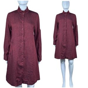 Flax Linen Dress Long Sleeve A-Line Button Down Pockets Lagenlook Size P 4 6